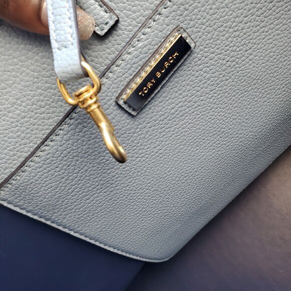 Tory Burch McGraw Tote Pebbled Leather Shoulder Bag Blue $495 Fraying Handle - Picture 11 of 16